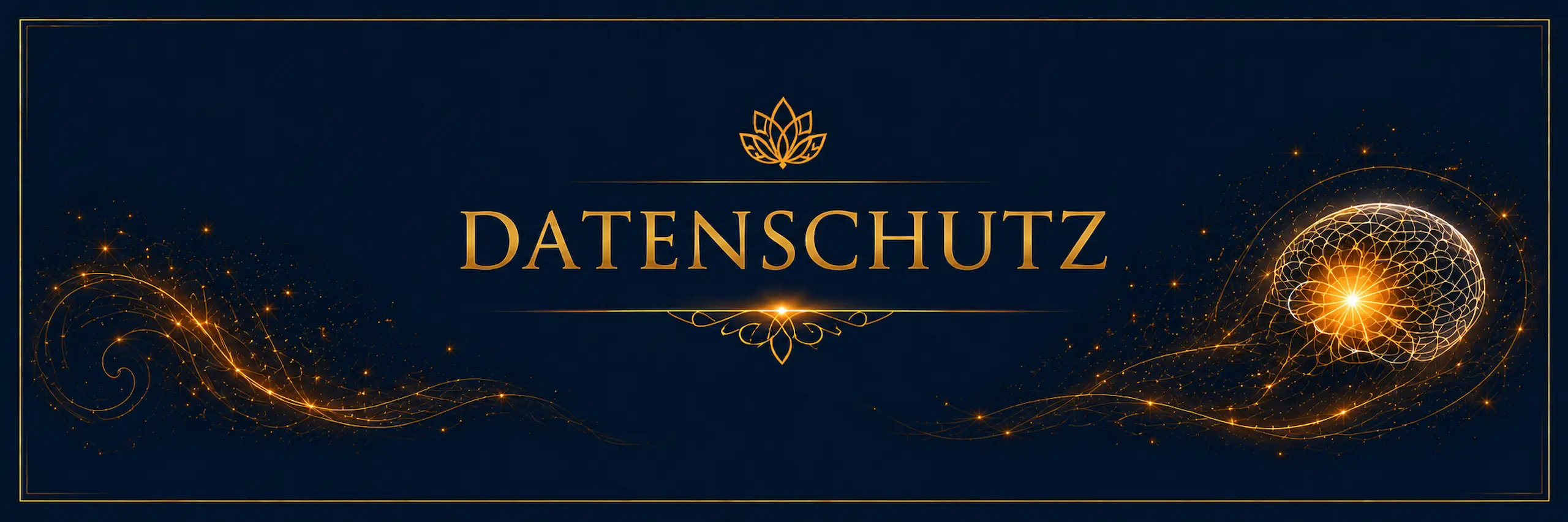 Datenschutzbereich von Osteomagie mit Bettina Haas in Dunkelblau und Gold mit Lotusblüte und harmonischen Energieelementen als Symbol für Vertrauen und Achtsamkeit.