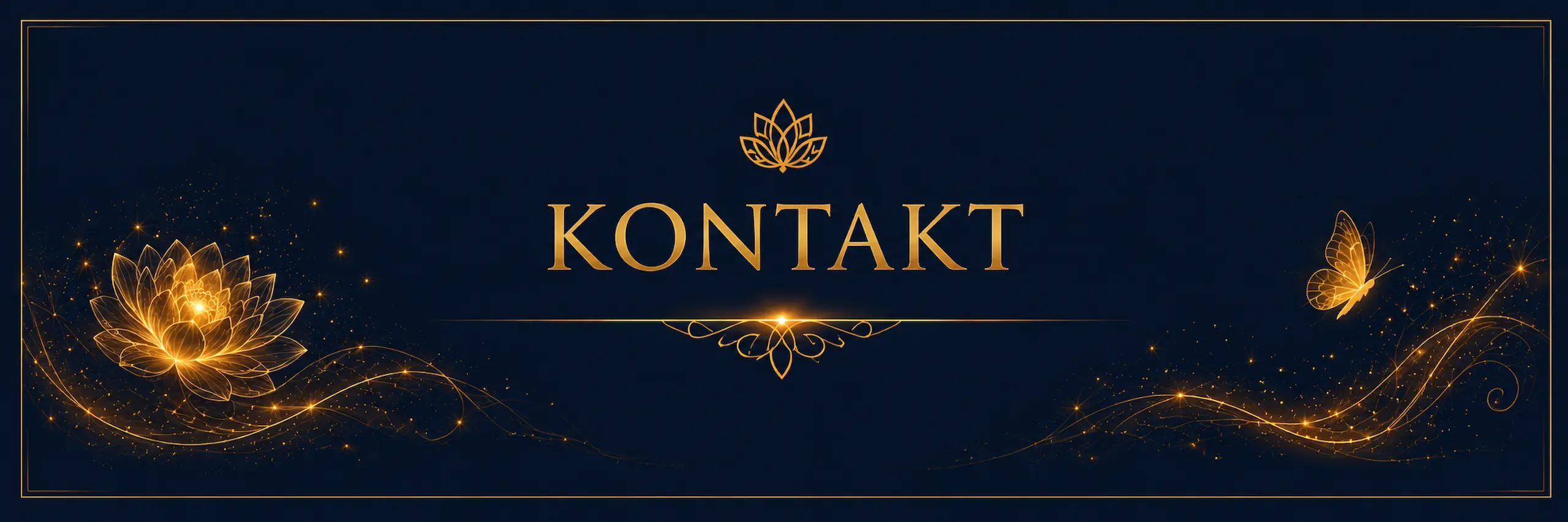 Kontaktbereich von Osteomagie mit Bettina Haas in Dunkelblau und Gold mit Lotusblüte und leuchtenden Energieelementen für ganzheitliche Osteopathie und achtsame Begleitung.